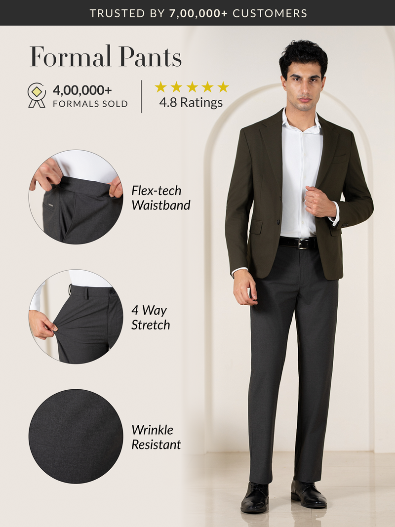 Grand Grey Melange Relaxed Fit Stretch Formal Pants