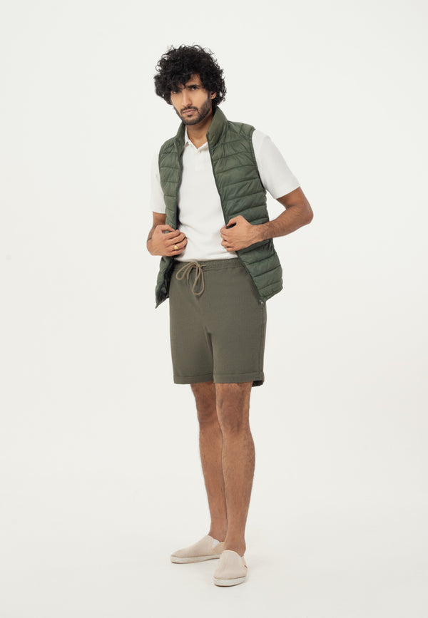 Green Turn-up Hem Seersucker Shorts