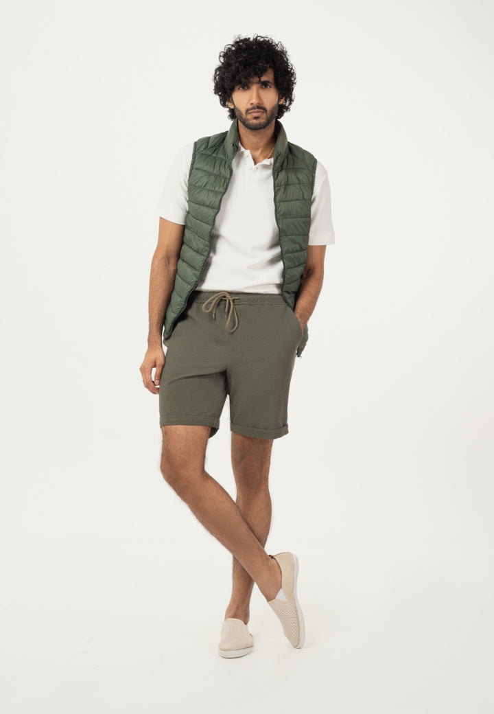 Green Turn-up Hem Seersucker Shorts