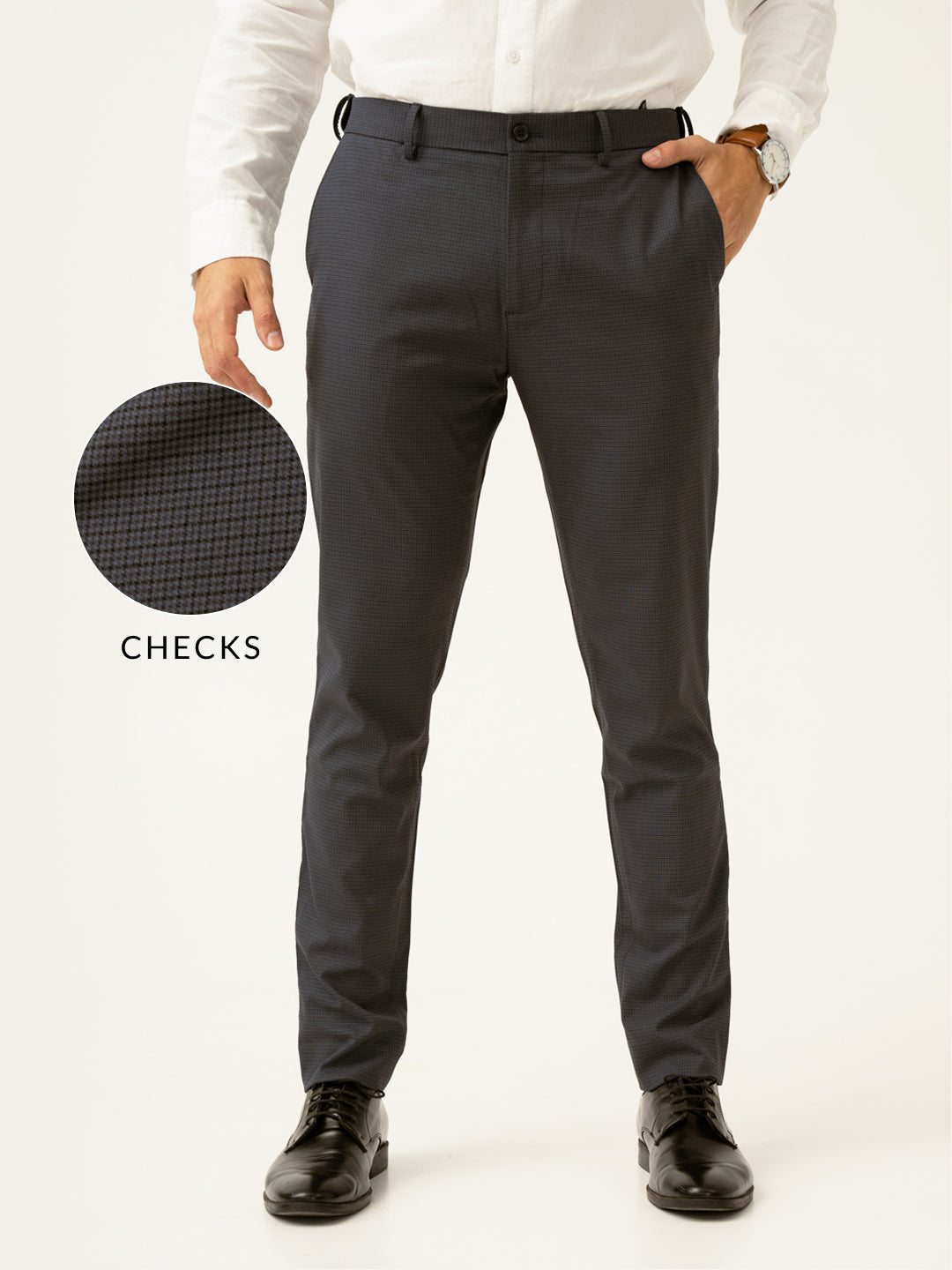 Gunmetal Grey Micro Checks Slim Fit Stretch Formal Pant