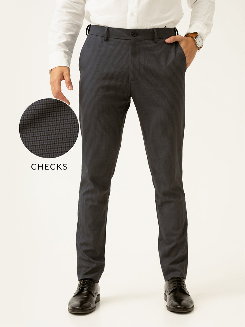 Gunmetal Grey Micro Checks Slim Fit Stretch Formal Pant