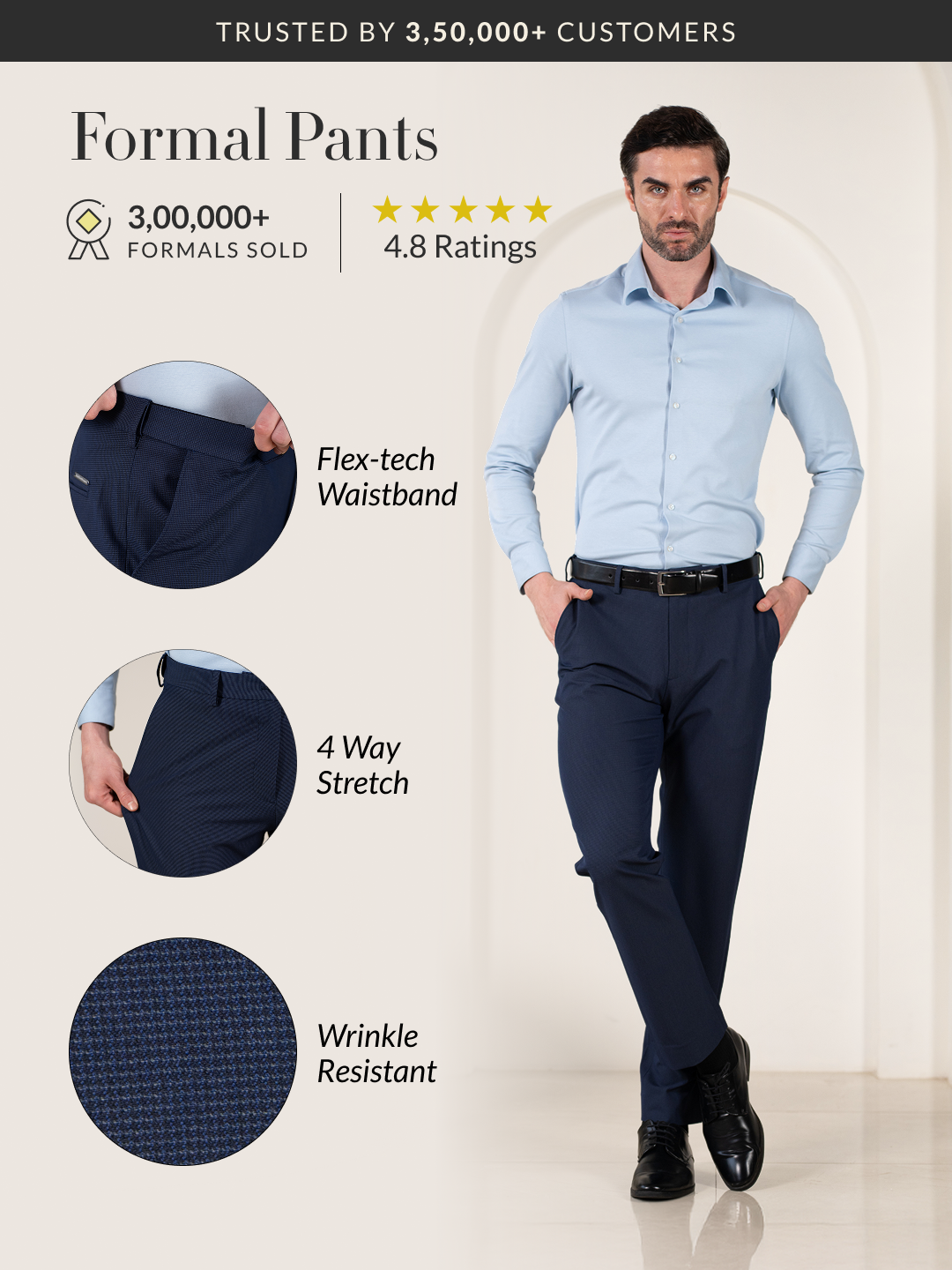 Hades Navy Micro Checks Relaxed Stretch Fit Formal Pants