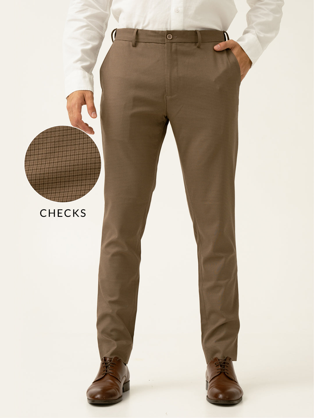Hazel Brown Micro Checks Slim Fit Stretch Formal Pant
