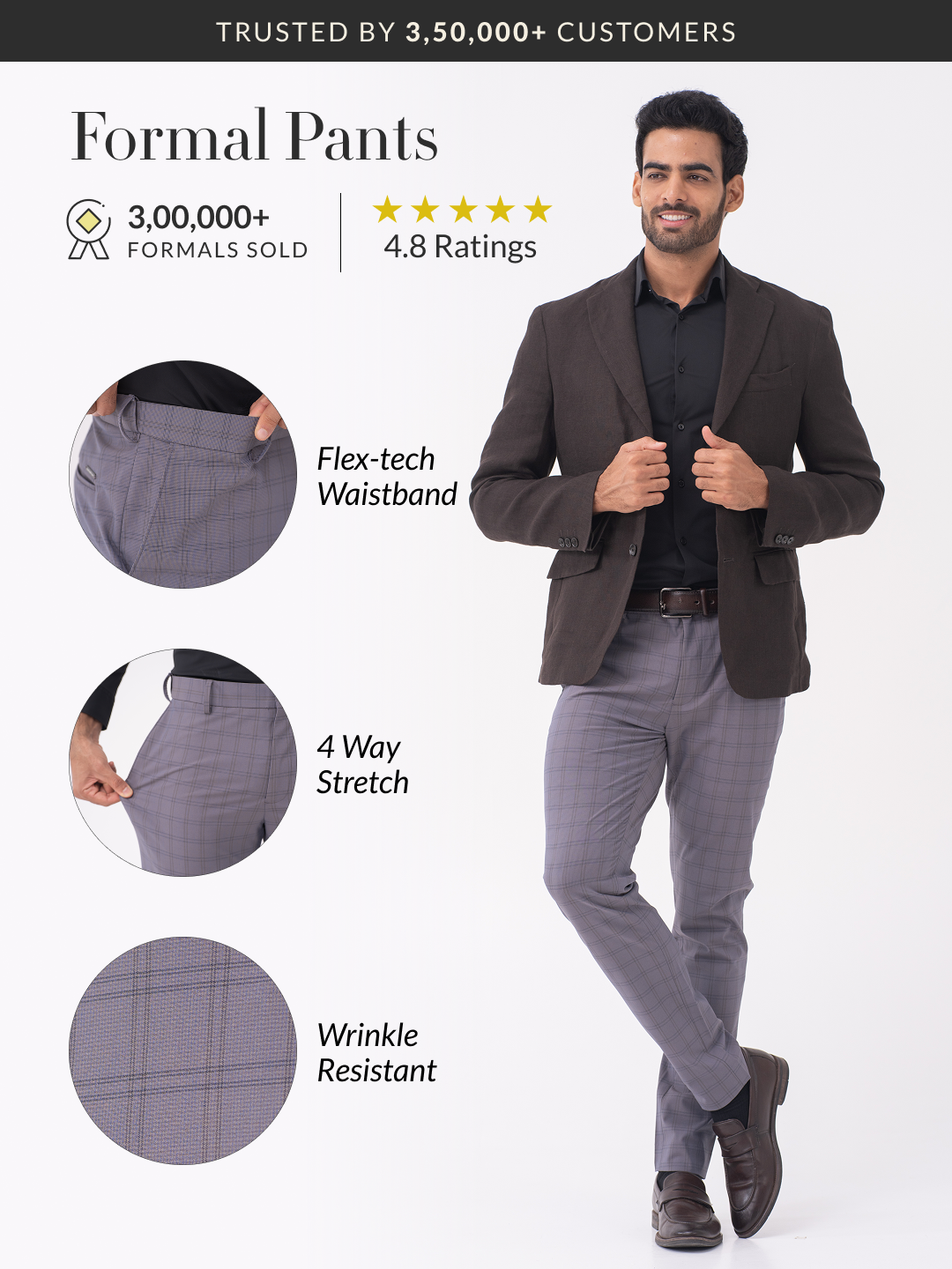Heron Grey Checks Slim Fit Stretch Formal Pants
