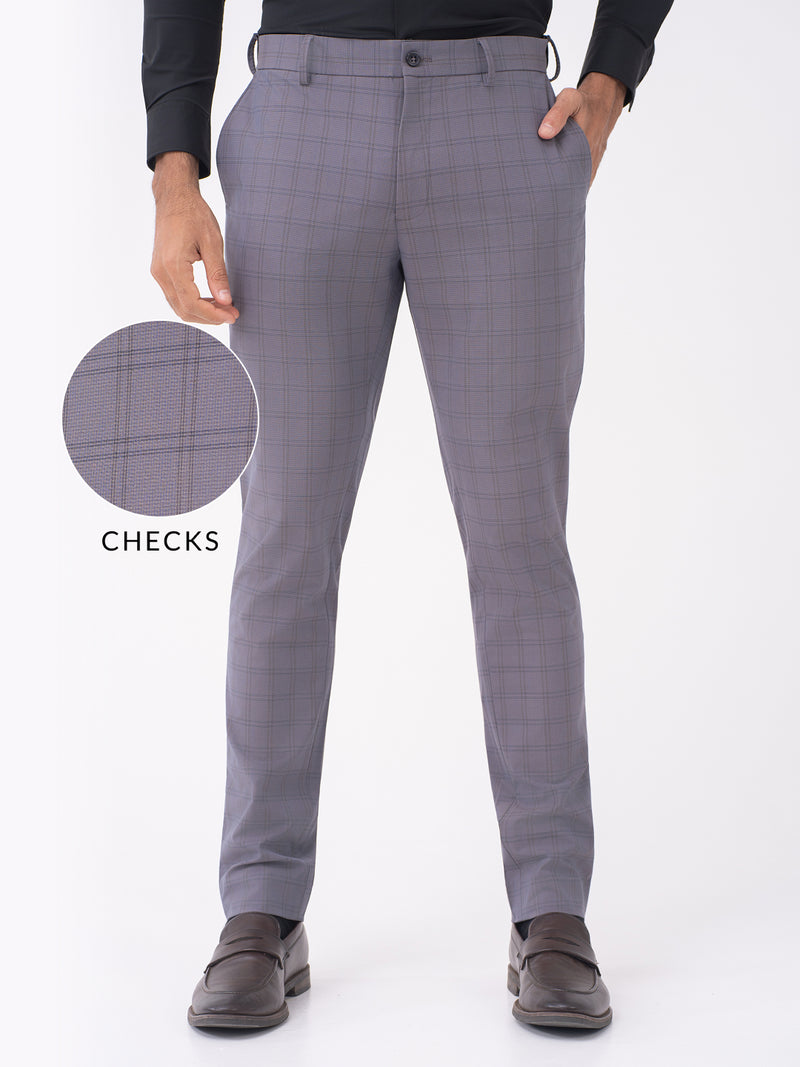 Heron Grey Checks Slim Fit Stretch Formal Pants