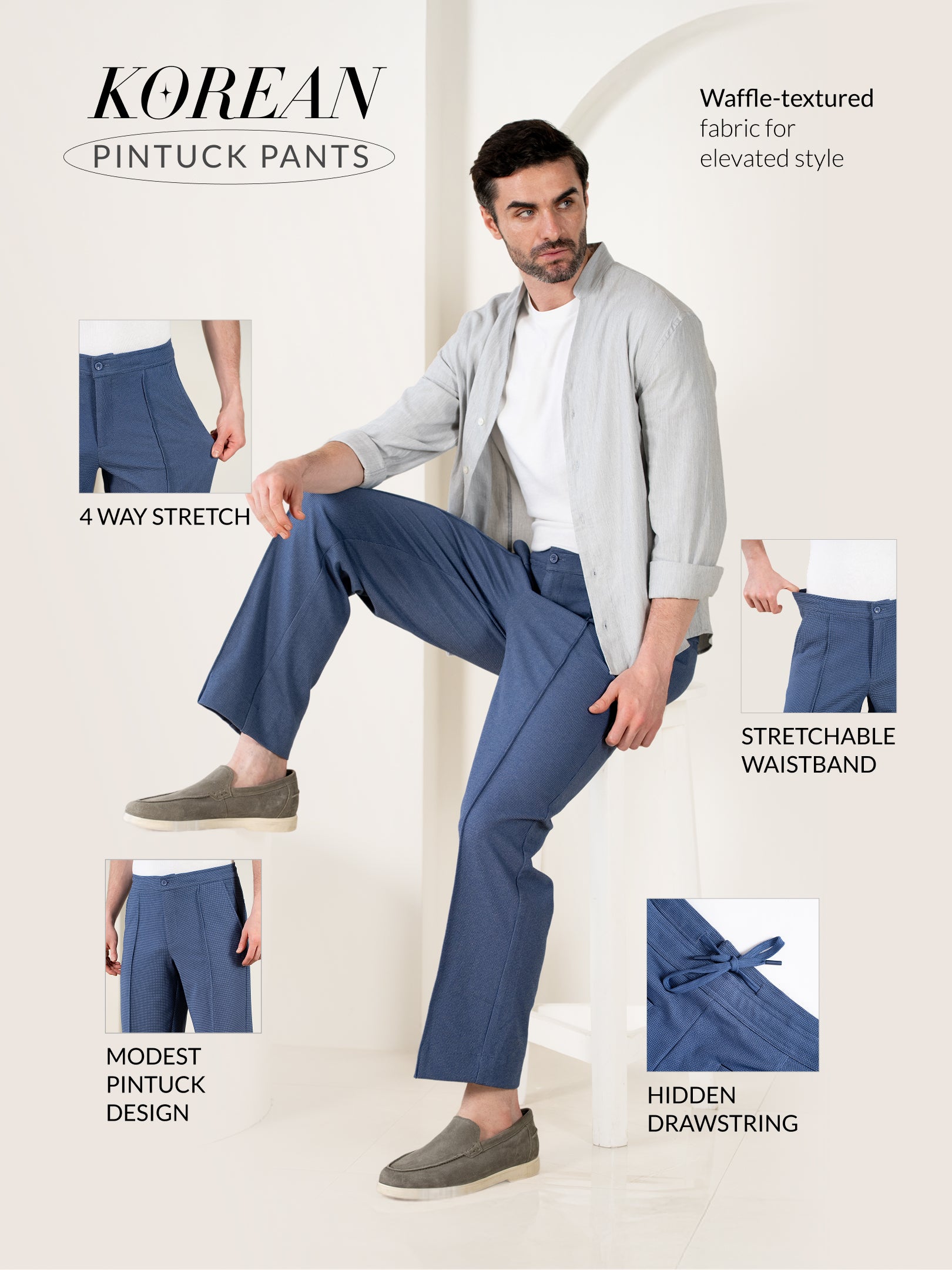 Kai Blue Relaxed Fit Power-Stretch Korean Pintuck Pants