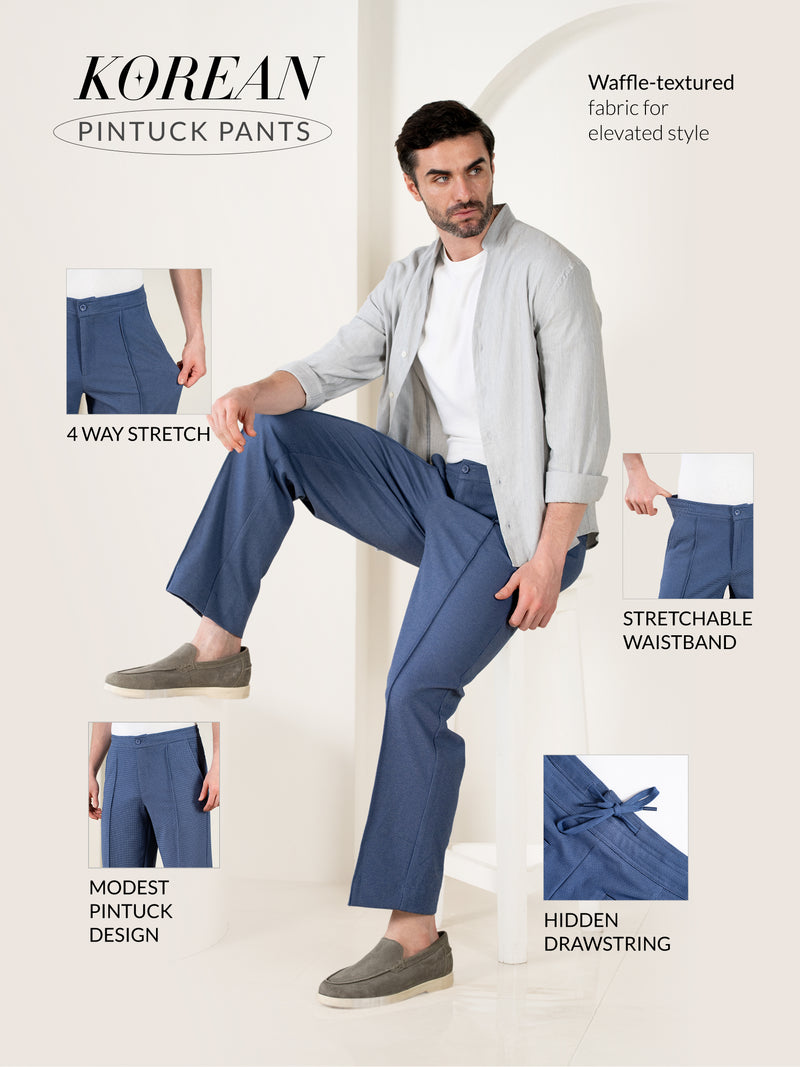 Kai Blue Relaxed Fit Power-Stretch Korean Pintuck Pants