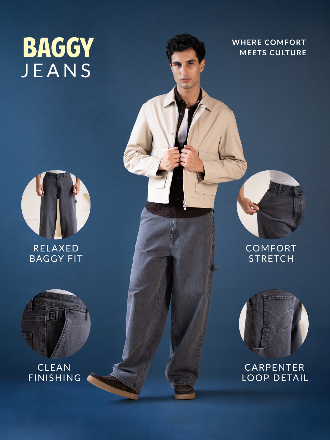 Leadstone Grey Baggy Fit Jeans