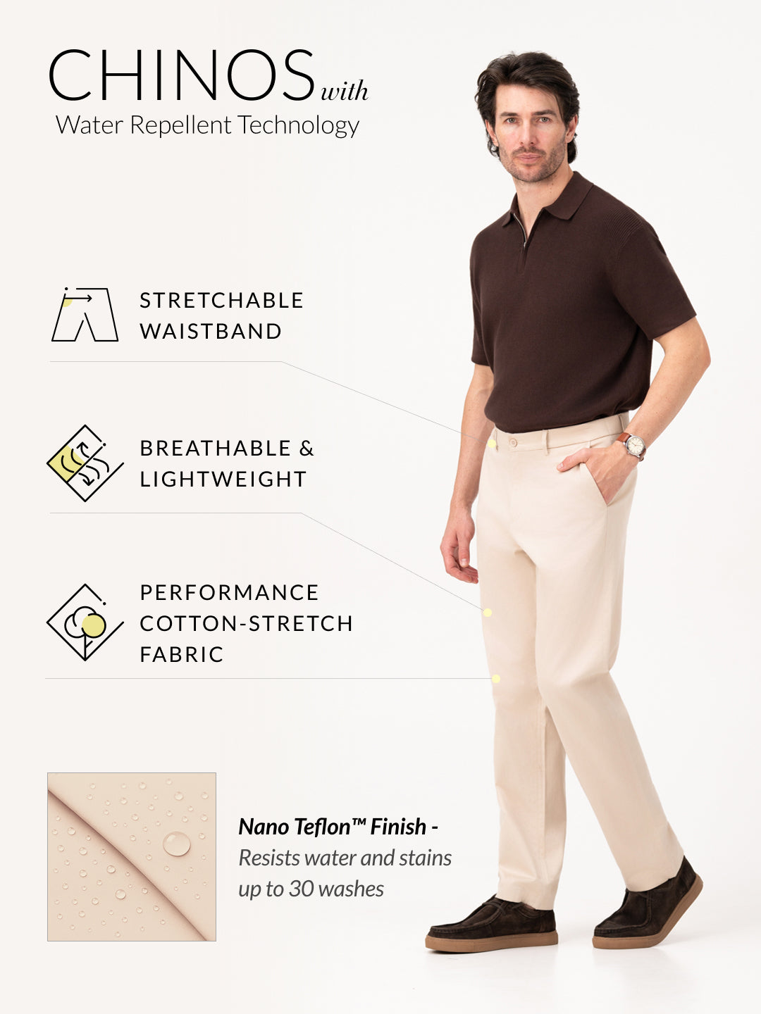 Lumora Cream Relaxed Fit Stretch Chinos for Men