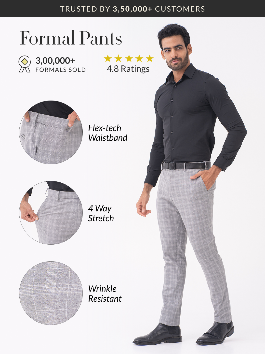 Lynx Grey Checks Slim Fit Stretch Formal Pants