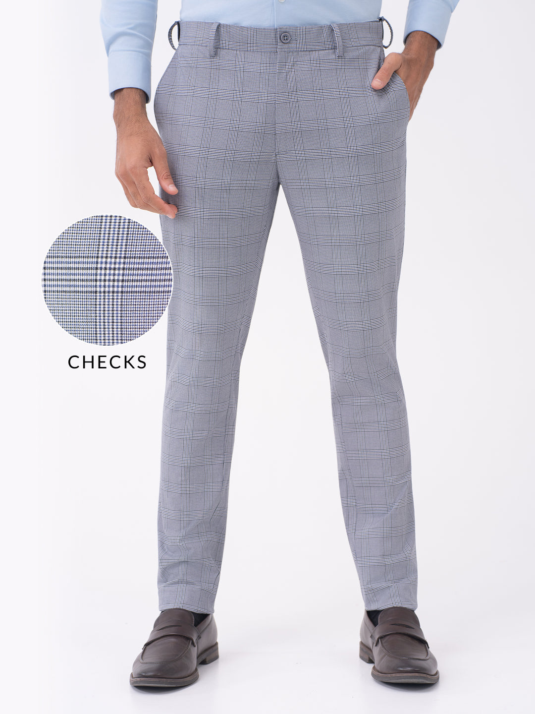 Macaw Black Blue Houndstooth Checks Slim Fit Stretch Formal Pants