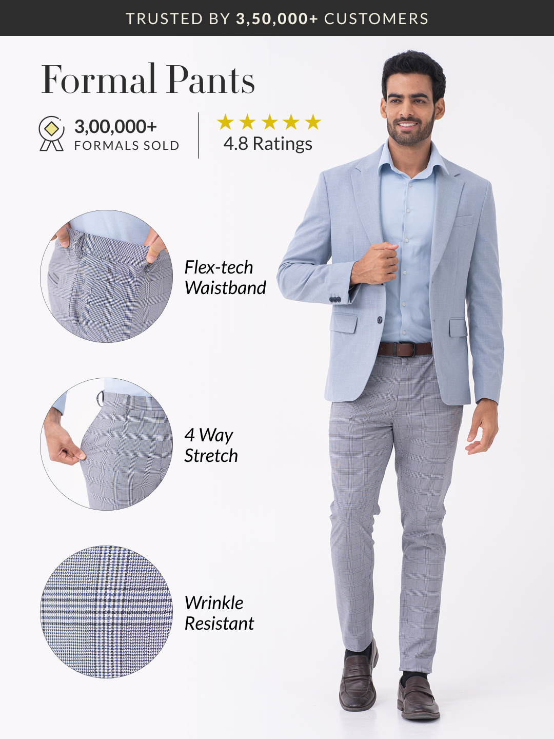 Macaw Black Blue Houndstooth Checks Slim Fit Stretch Formal Pants