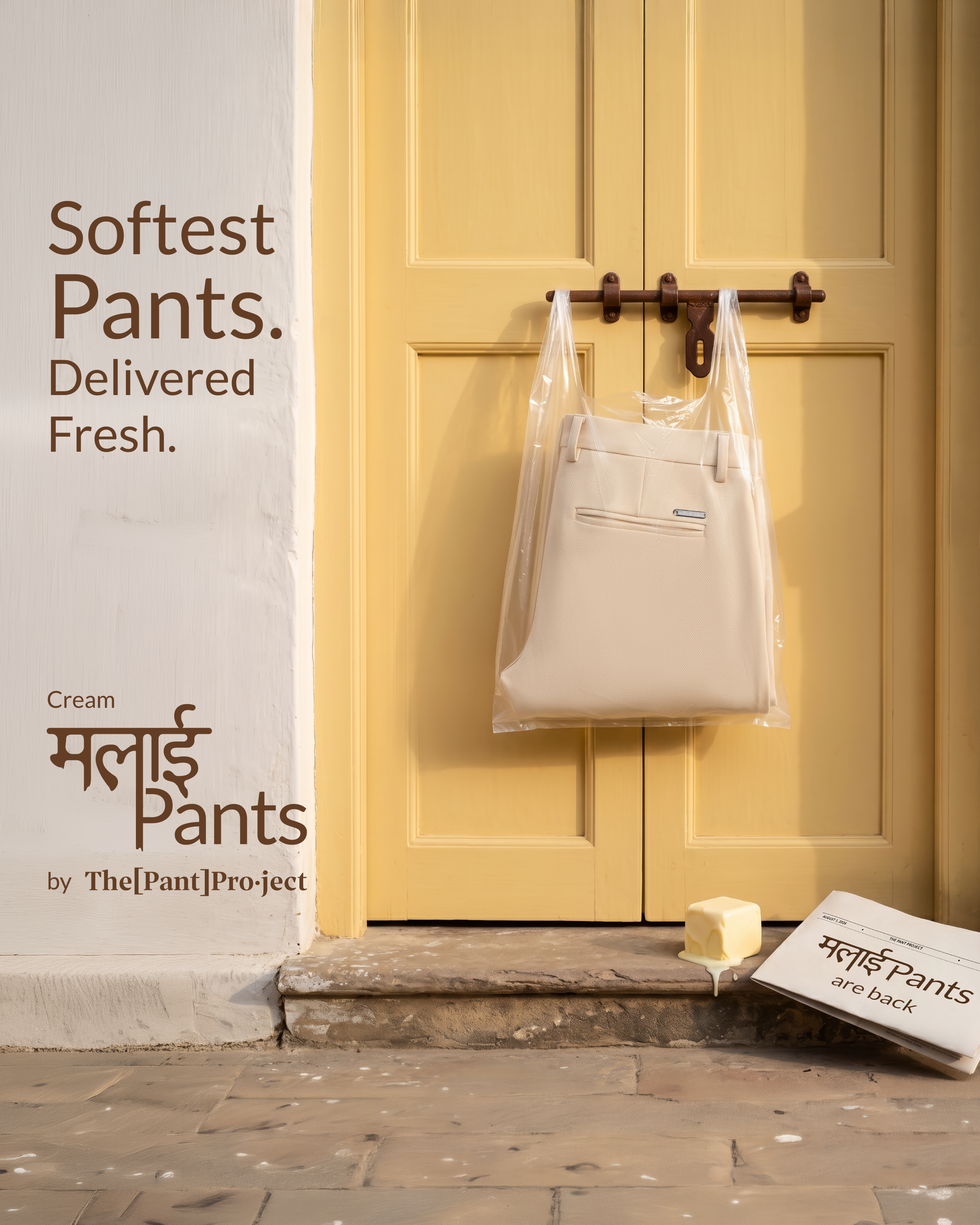 A cream canvas tote bag hangs from a brass hook on a yellow door, with promotional text on the left reading 'Softest Pants. Delivered Fresh.