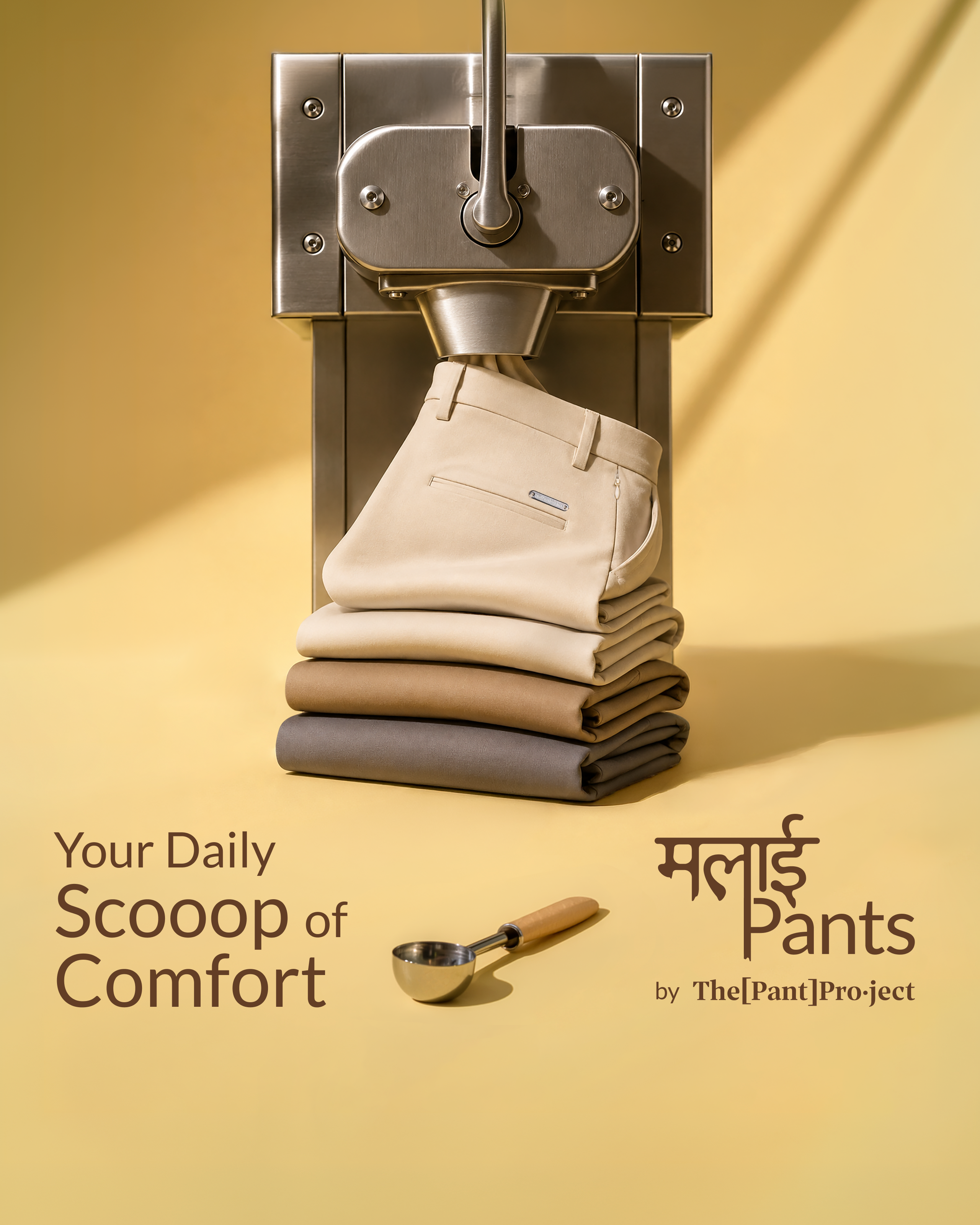 A styled promotional graphic showing folded pants stacked under a metal press on a warm beige background, with the text 'Your Daily Scooop of Comfort' and 'Mlaide Pants by The[Pant]Project'.
