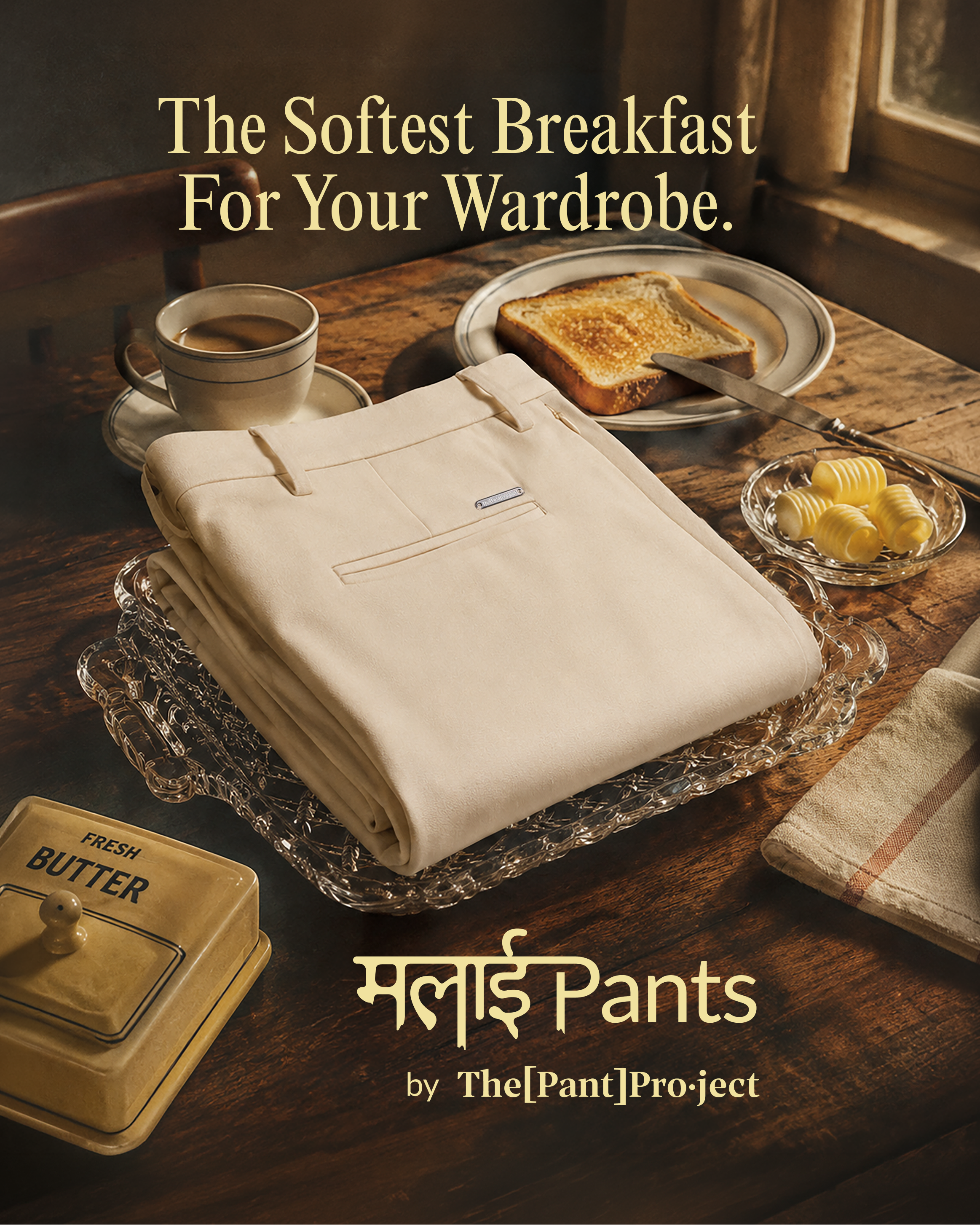 A styled promotional scene shows folded cream-colored pants placed on a glass tray on a rustic wooden table, with a cup of coffee, toast, butter, and a small bowl of butter around them. Text at the top reads 'The Softest Breakfast For Your Wardrobe.