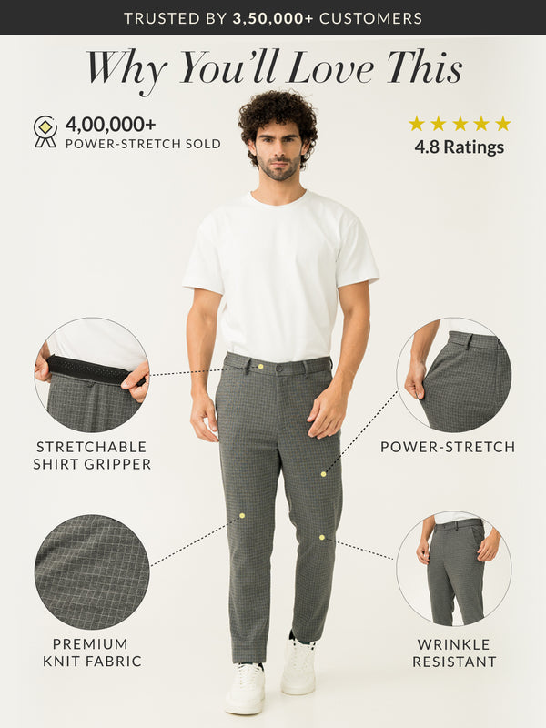 Medium Grey Checks Slim Fit Power Stretch Pants