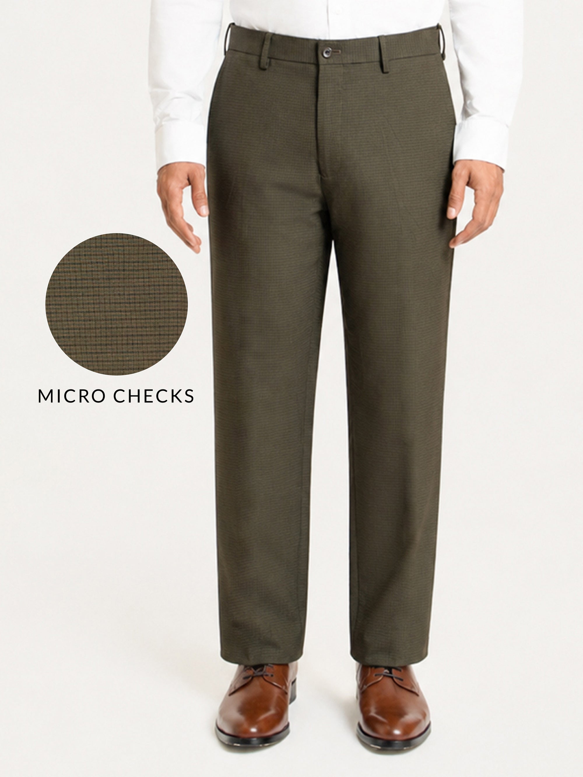 Bushland Olive Micro Checks Relaxed Fit Formal Trousers