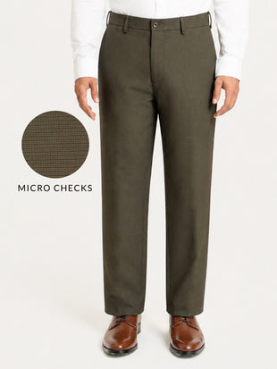 Bushland Olive Micro Checks Relaxed Fit Formal Trousers