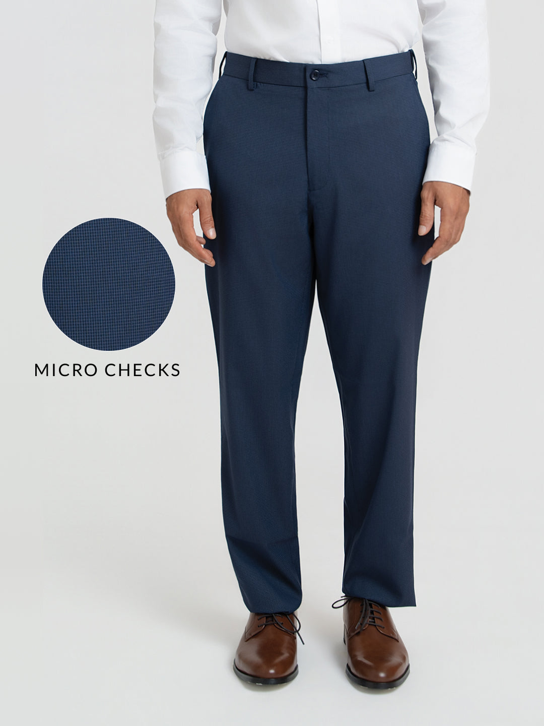 Offshore Blue Mini Checks Relaxed Fit Formal Trousers