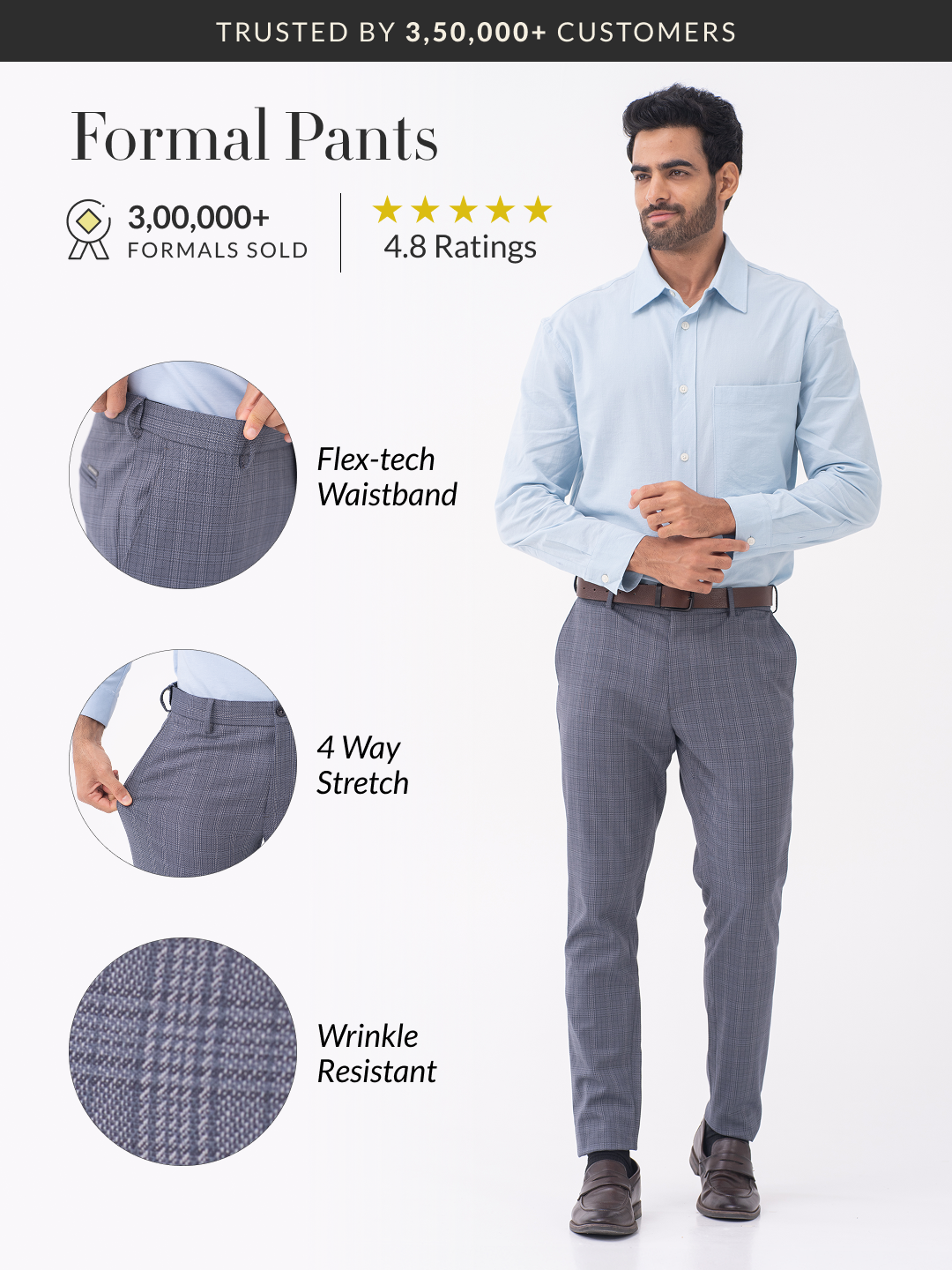 Mockingbird Grey Checks Slim Fit Stretch Formal Pants