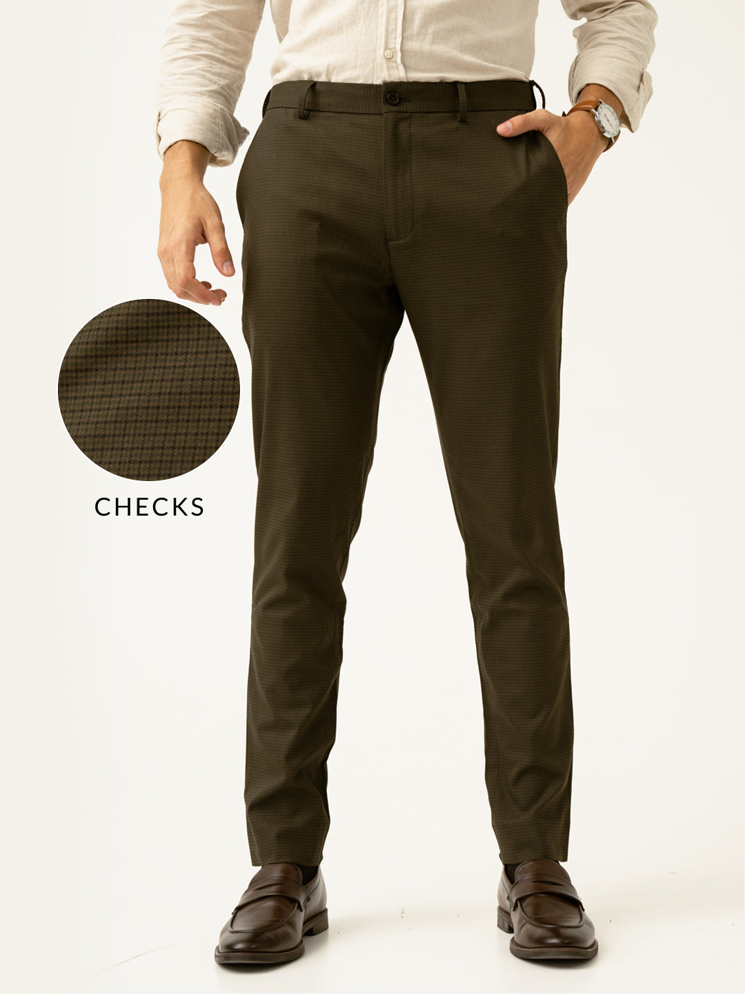 Moss Green Micro Checks Slim Fit Stretch Formal Pant