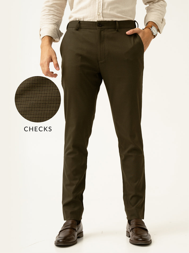Moss Green Micro Checks Slim Fit Stretch Formal Pant