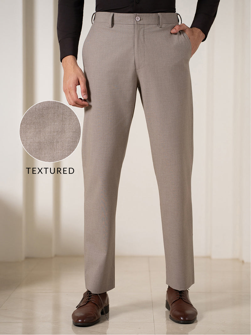 Muted Khaki Melange Relaxed Fit Stretch Formal Pants