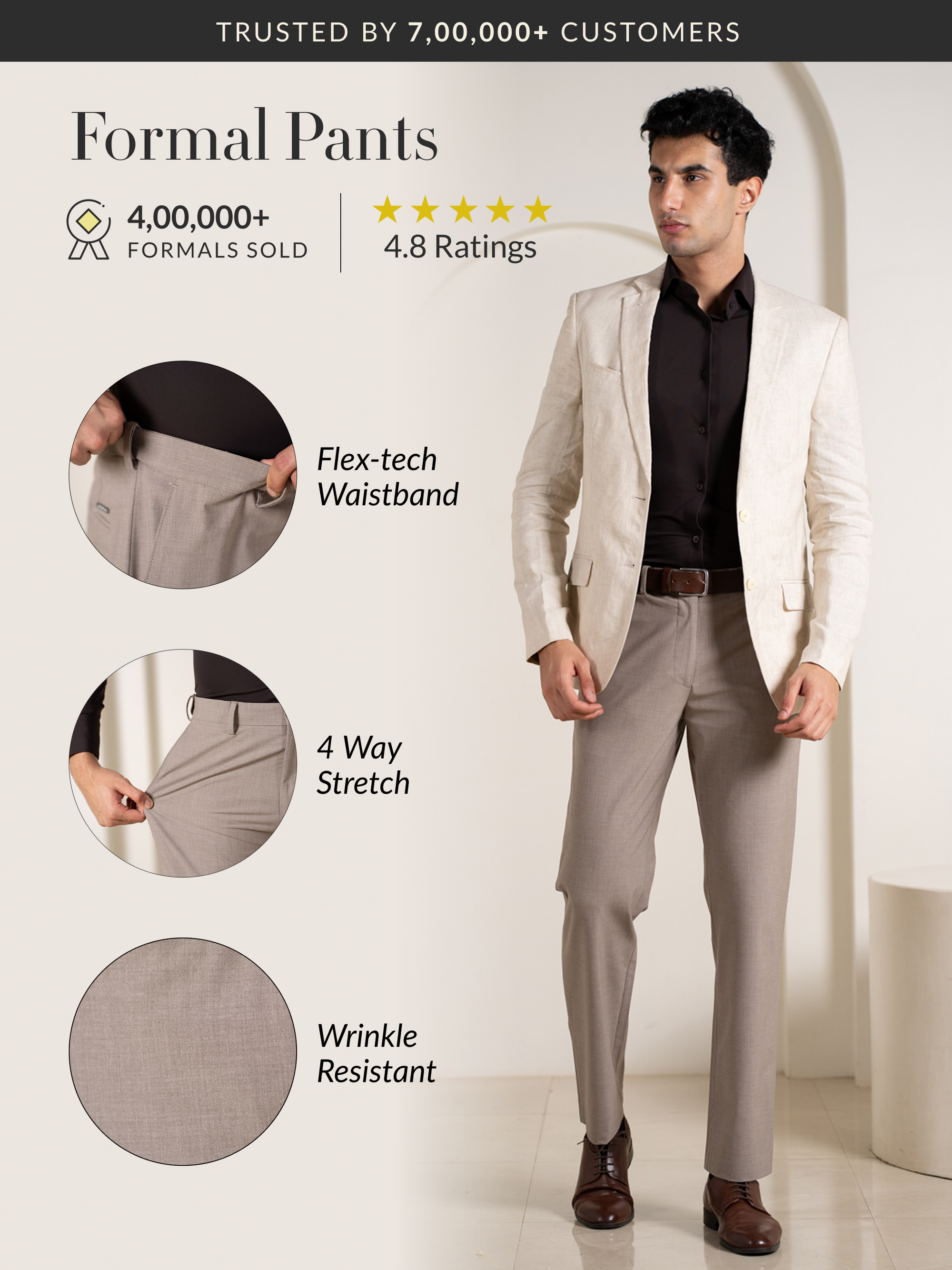 Muted Khaki Relaxed Fit Stretch Formal Pants