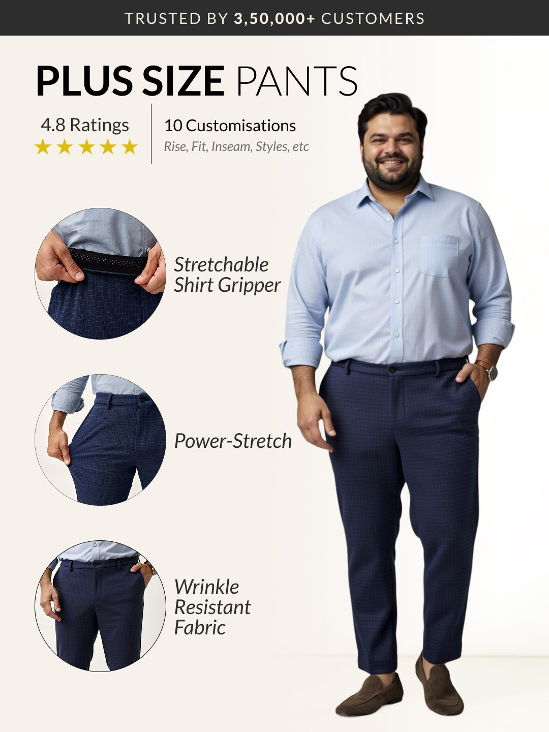 Navy Blue Checks Plus Size Power-Stretch Pants