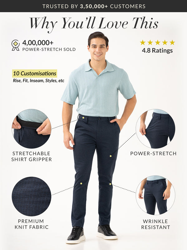 Navy Blue Checks Power-Stretch Pants