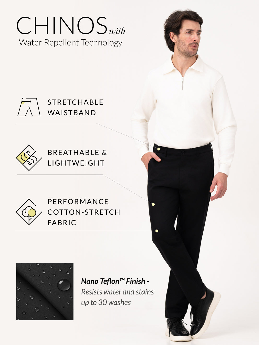 Noctara Black Relaxed Fit Stretch Chinos for Men