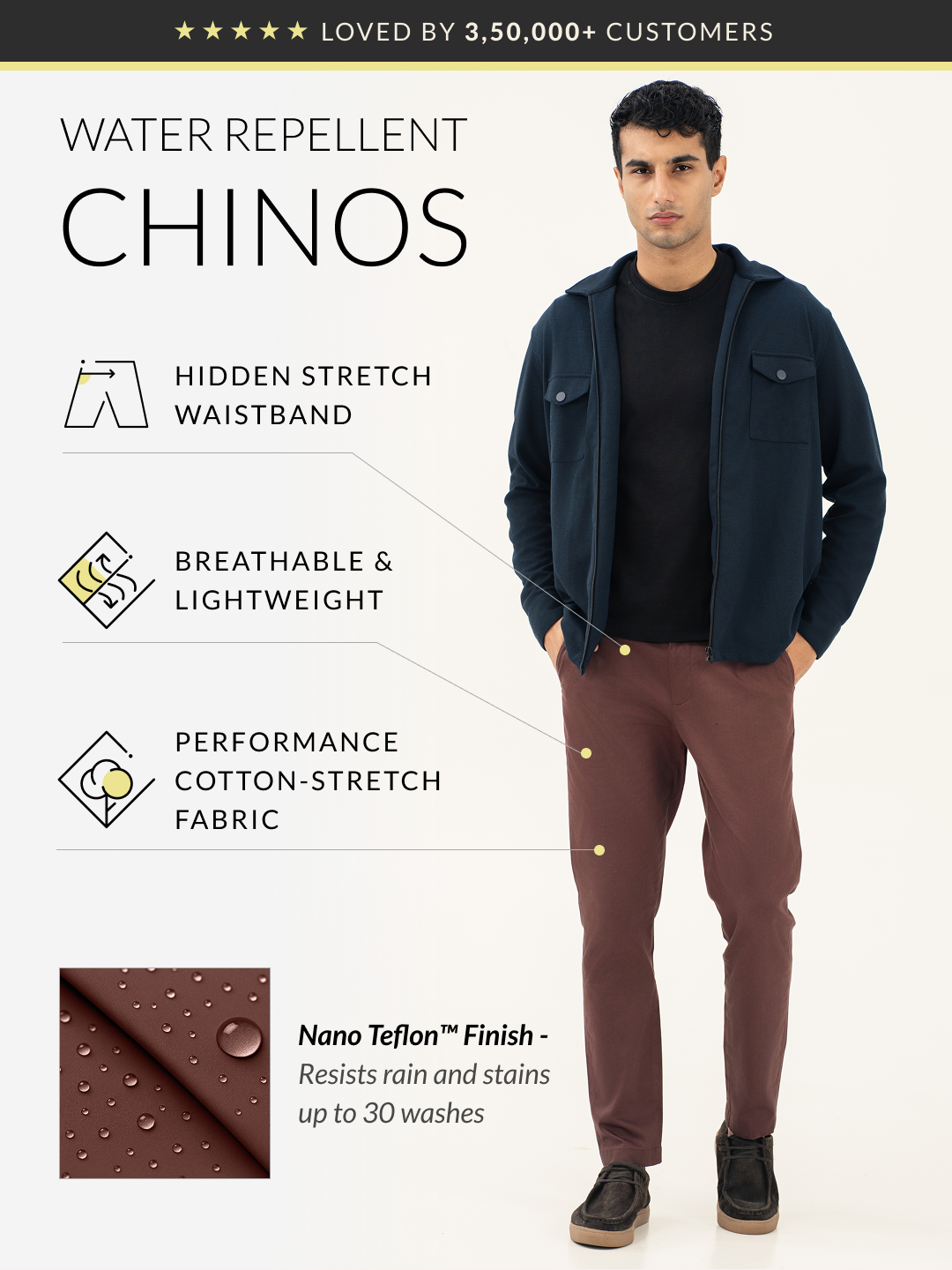 Nodrip Brown Water Repellent Slim Fit Stretch Chinos