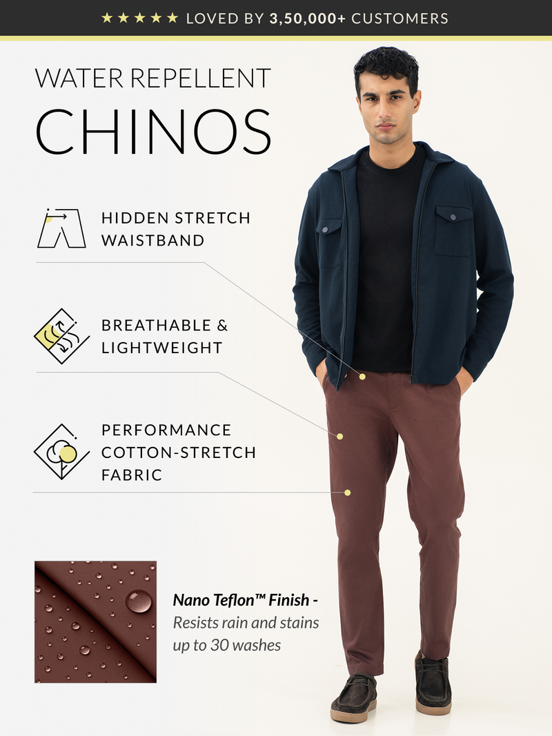Nodrip Brown Water Repellent Slim Fit Stretch Chinos