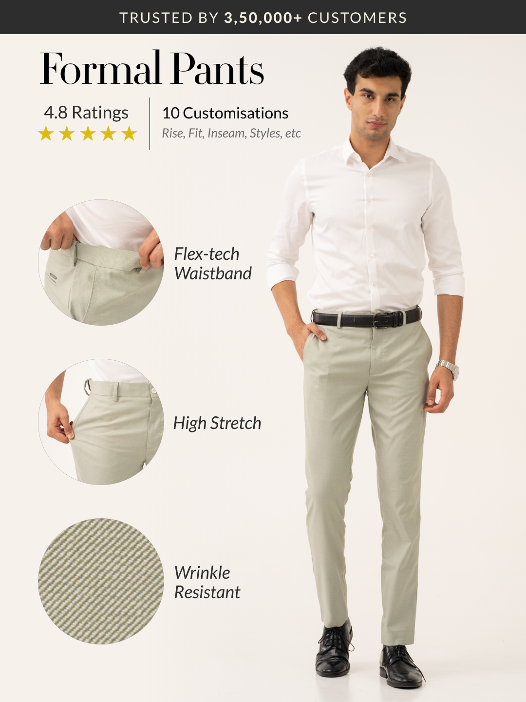 Ostrich Green Twill Stretch Formal Pants