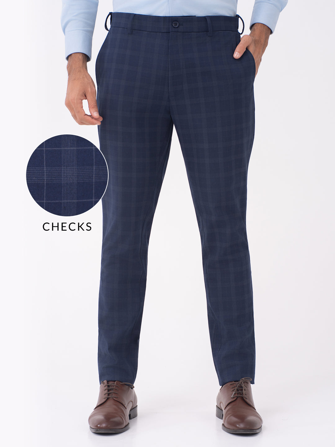 Otter Navy Checks Slim Fit Stretch Formal Pants