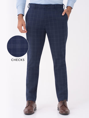 Otter Navy Checks Slim Fit Stretch Formal Pants