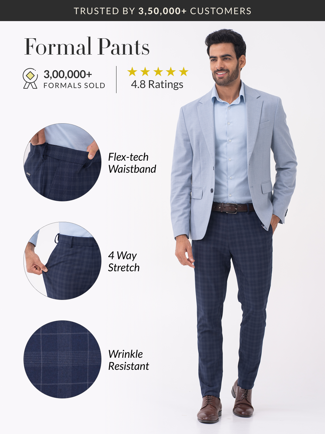 Otter Navy Checks Slim Fit Stretch Formal Pants