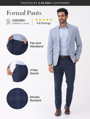 Otter Navy Checks Slim Fit Stretch Formal Pants