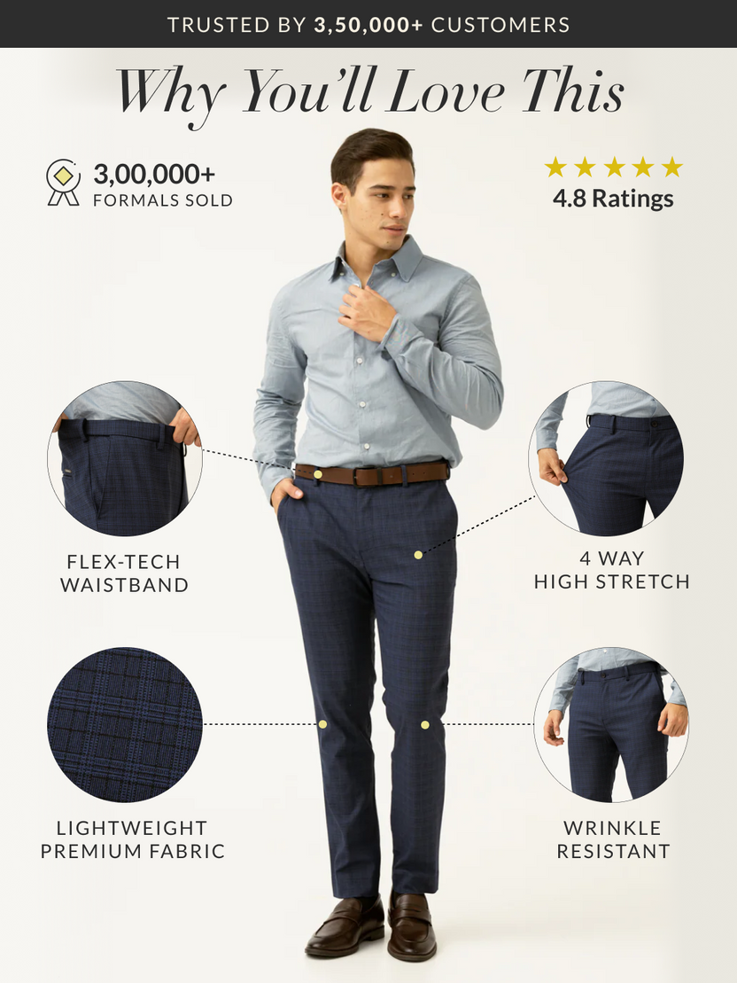 Buy Men Blue Checks Slim Fit Stretchable Workwear Pant