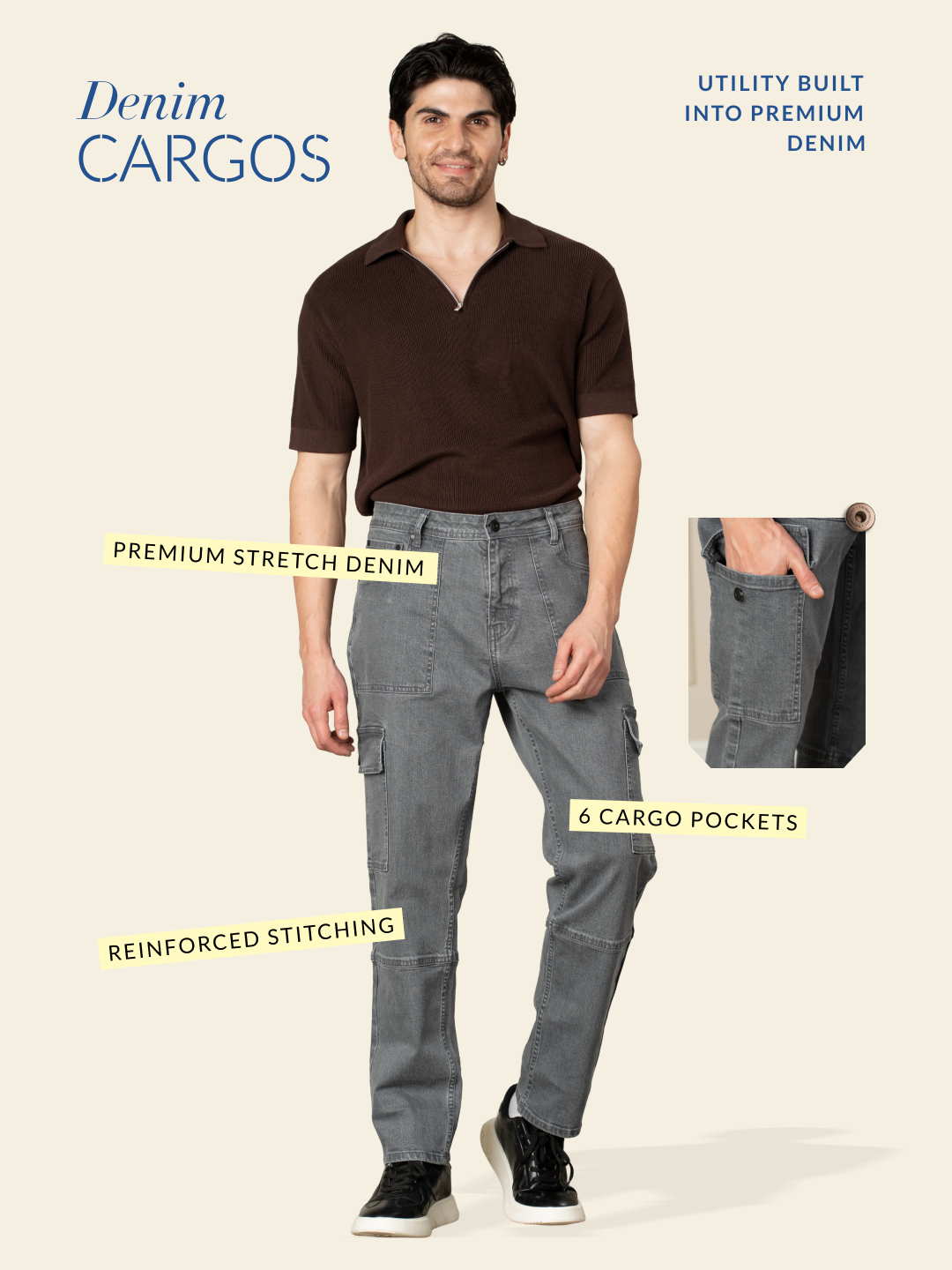 Peak Grey Relaxed Fit Denim Cargos