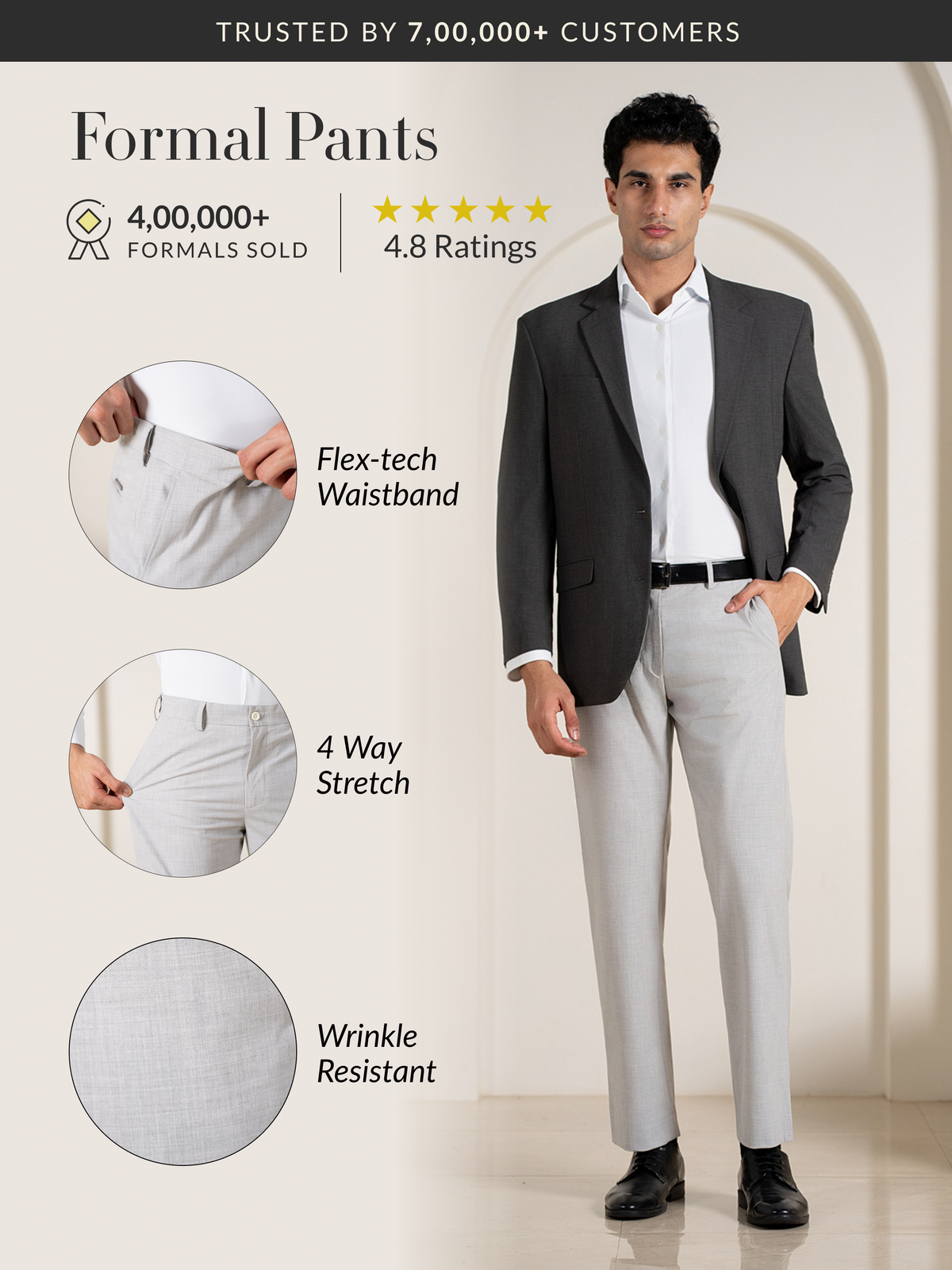 Foraml Fit Buy Men Blue Melange Relaxed Fit Stretchable Formal Trouser
