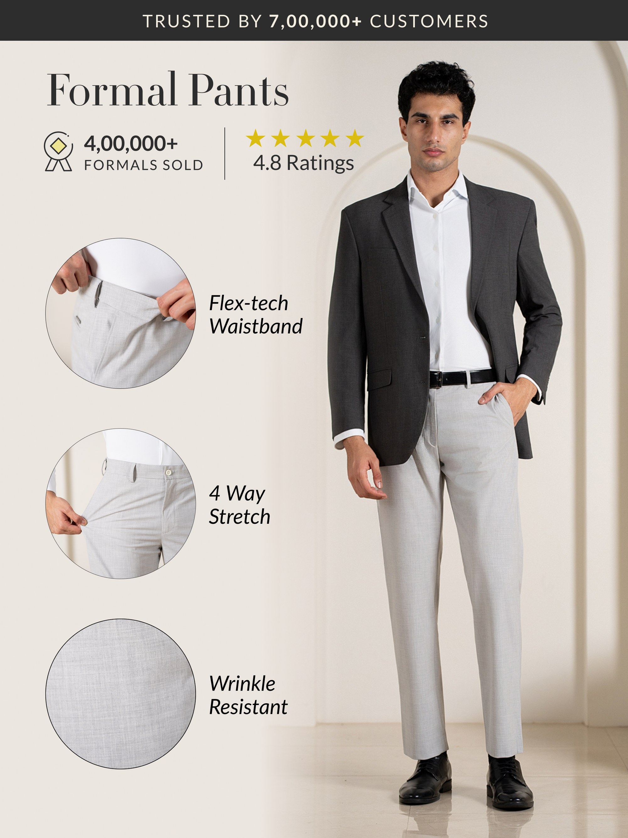 Prestige Grey Relaxed Fit Stretch Formal Pants
