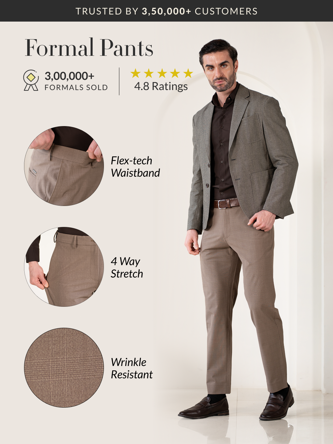 Sahara Brown Checks Relaxed Fit Stretch Formal Pants