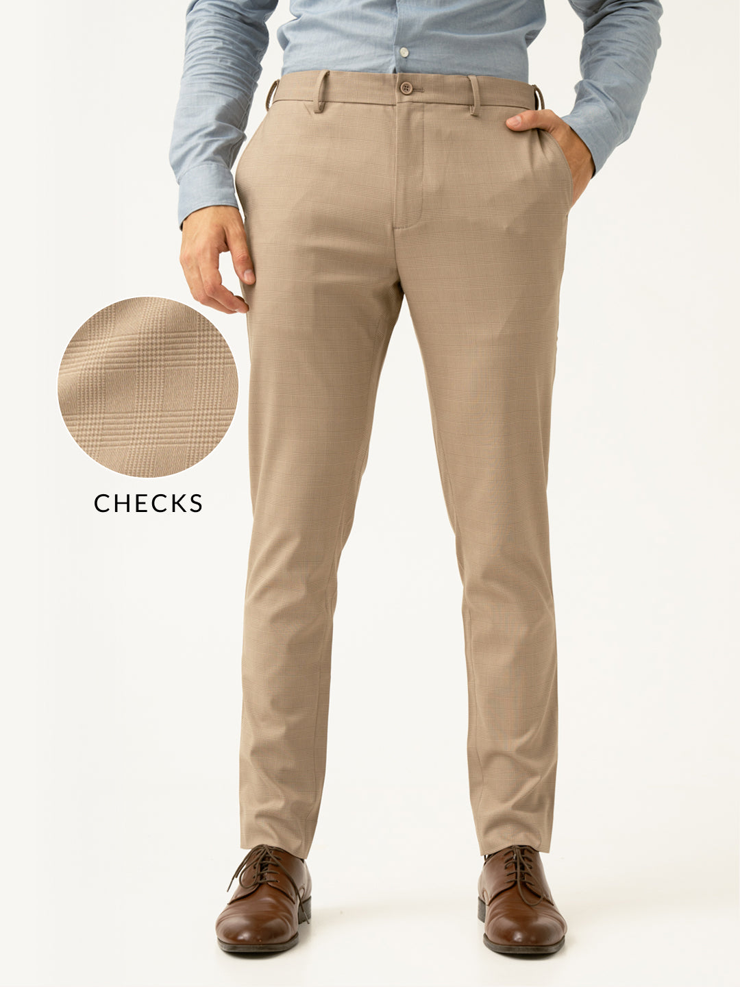 Sand Beige Checks Formal Slim Fit Stretch Pants
