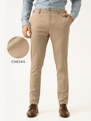 Sand Beige Checks Formal Slim Fit Stretch Pants