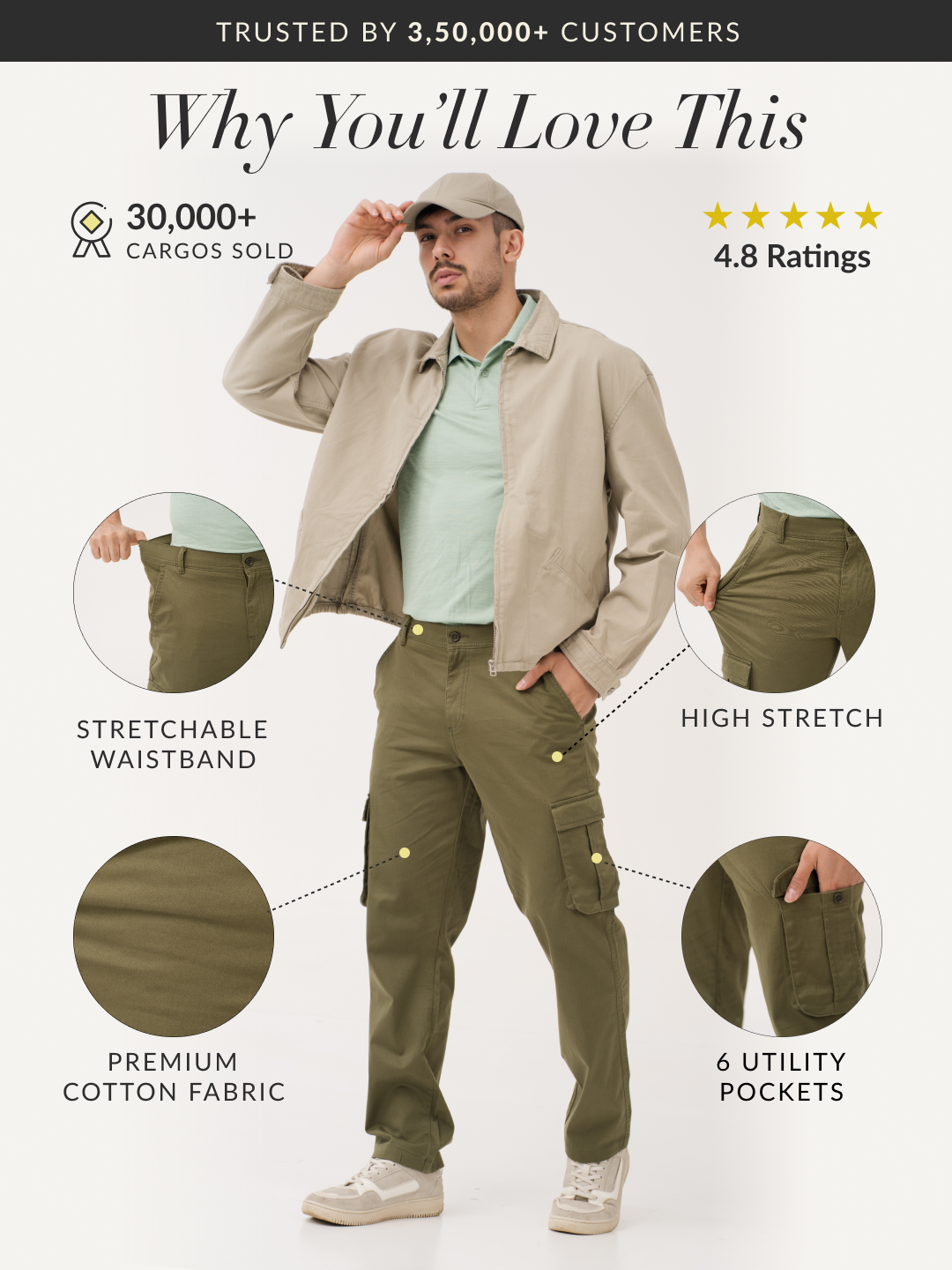 Sap Green Relaxed Fit Stretch Cargo Pants