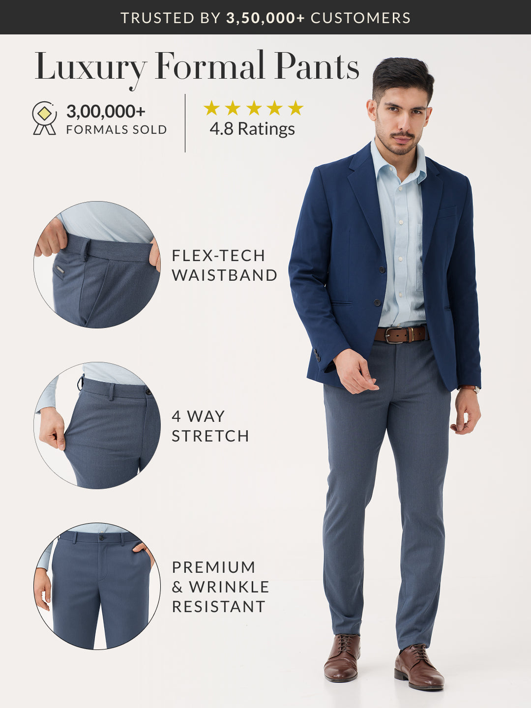 Solace Blue Luxury Twill Relaxed Fit Stretch Formal Pants