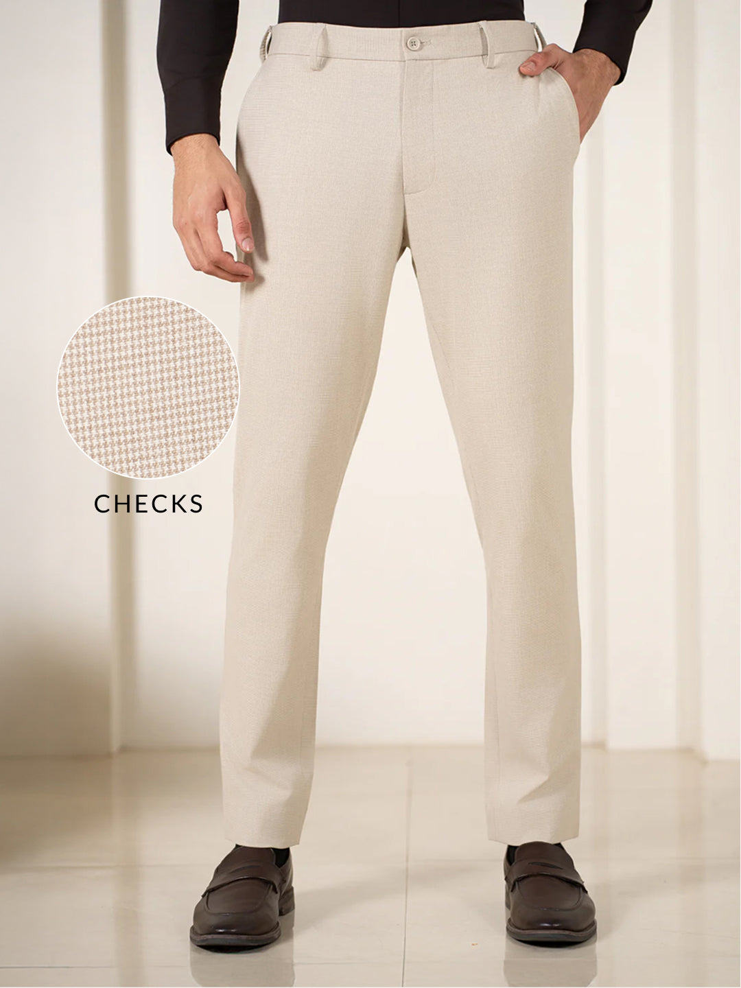 Spaniel Khaki Houndstooth Slim Fit Stretch Formal Pants