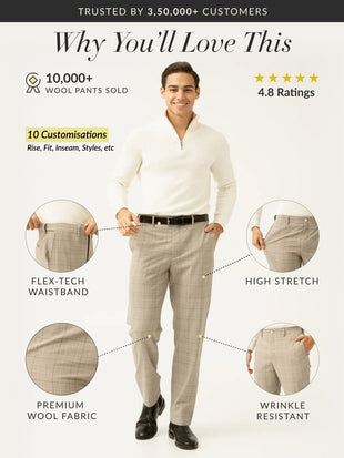 Squirrel Beige Checks Merino Wool Pants