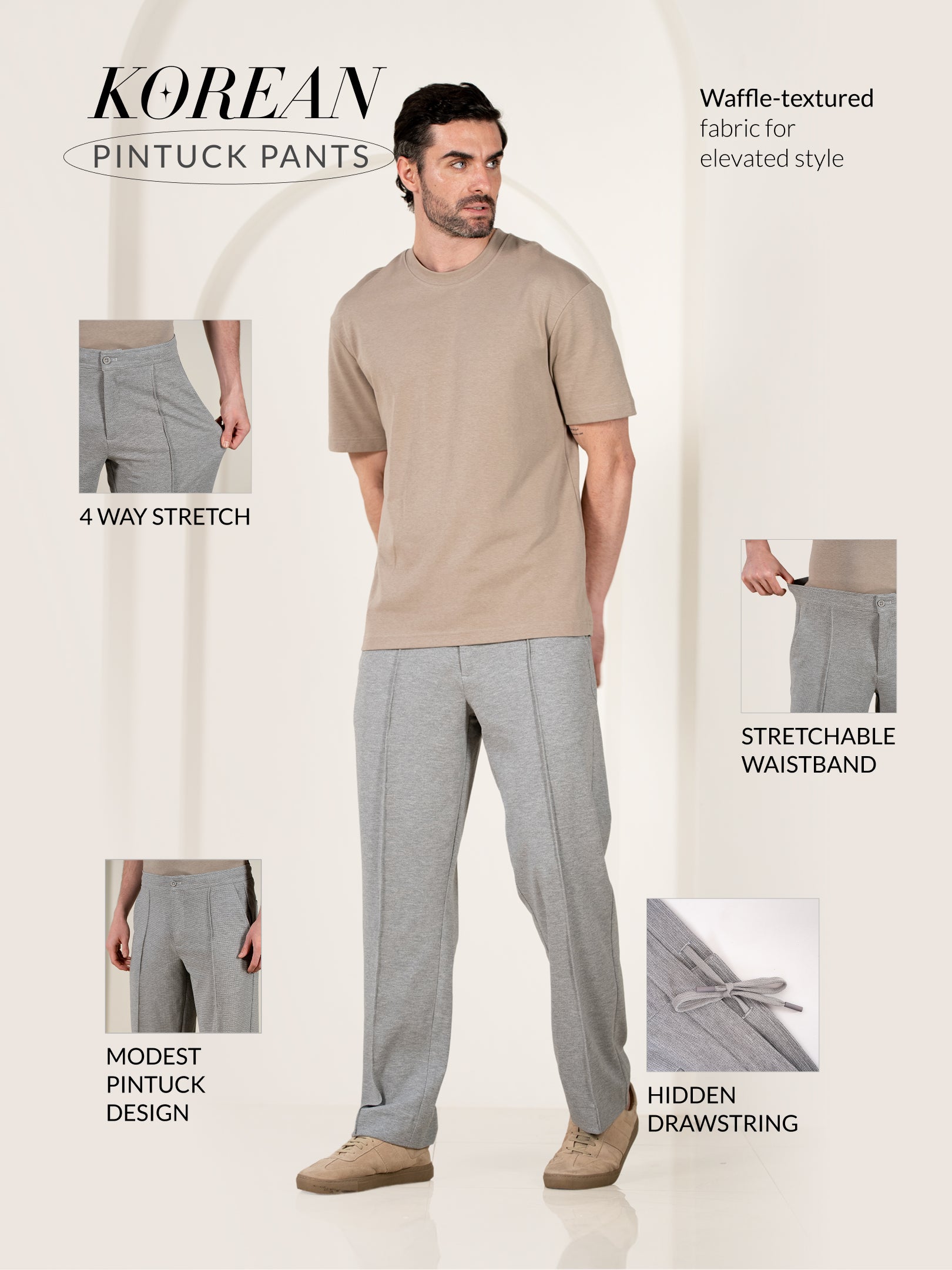 Tharn Grey Relaxed Fit Power-Stretch Korean Pintuck Pants